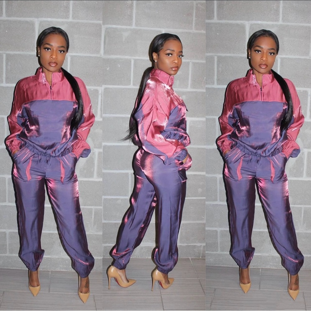 Iridescent Satin Pink and Purple Women's Tracksuit